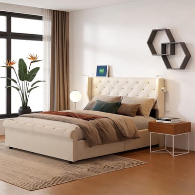 Gewatteerd Tweepersoonsbed 140 x 190 cm met LED-verlichting en USB-aansluiting
