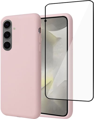 Geschikt voor Samsung Galaxy S24 - Hoesje + Screenprotector – Full Cover Gehard Glas – Suède Back Cover Case Rose
