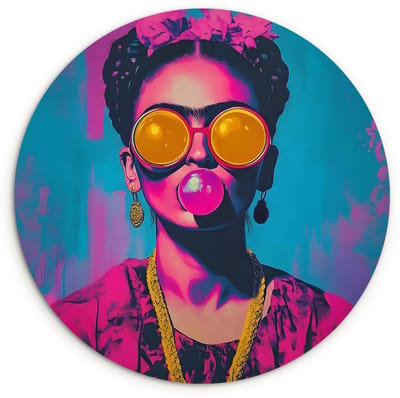 WallCircle® Wandcirkel 120x120 cm - Muurcirkel Vrouw - Kauwgom - Zonnebril - Oranje - Muurdecoratie woonkamer - Wanddecoratie slaapkamer - Kamer decoratie accessoires - Ronde schilderijen XXL