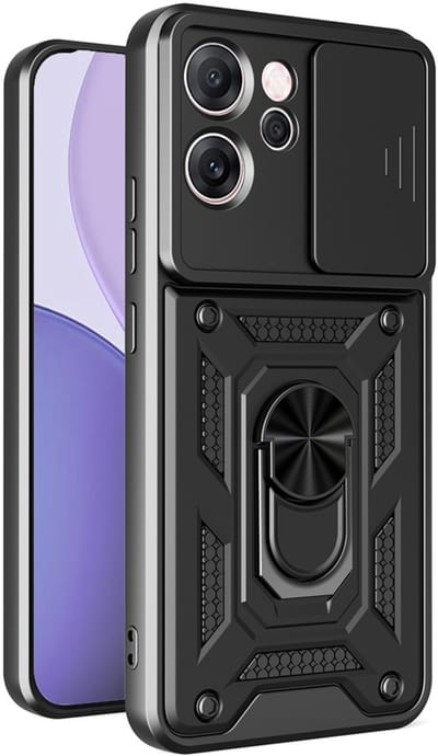 MobyDefend Hoesje - Geschikt voor Oppo Reno14 F / Oppo Reno14 FS - Pantsercase Met Draaibare Ring - Zwart