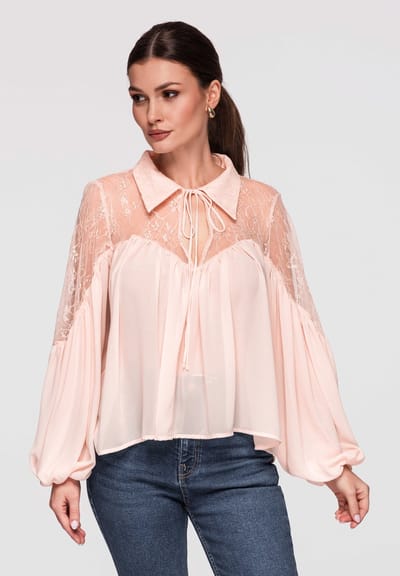 OMBRE Blouse - Loose Fit - Lange Mouw - Veters Roos S