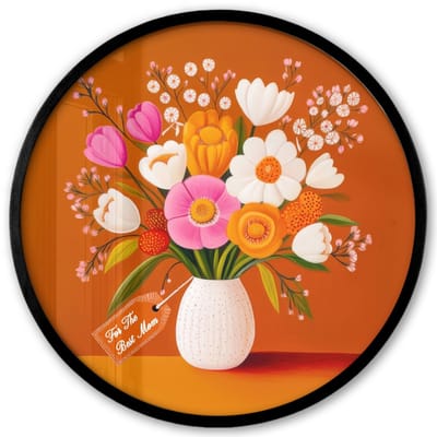 Poster in lijst Rond - Fotolijst 40x40 cm - Posters - Vaas - Bloemen - Oranje - Ronde posterlijst zwart - Decoratie - Wanddecoratie woonkamer - Muurdecoratie slaapkamer