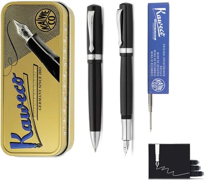 Kaweco - set - Vulpen (Medium) en Balpen - Student - Zwart in vintage blikje - doosje G2 Blauwe balpenvulling - doosje Vulpen inkt