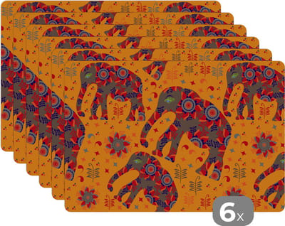 Placemat - Placemats kunststof - Olifant - Ornament - Bloemen - Patroon - 45x30 cm - 6 stuks - Hittebestendig - Anti-Slip - Onderlegger - Afneembaar