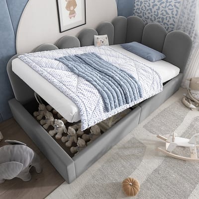 Pugsdrly Gestoffeerd bed Daybett 90x190 cm, slaapbank met hydraulische opbergruimte, kinderbed met metalen lattenbodem, fluweel, grijs, zonder matras