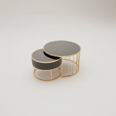 salontafel set Doblo - smokey spiegel blad - gouden onderstel - 80cm + 60cm