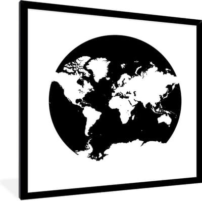 Fotolijst incl. Poster Zwart Wit- Wereldkaart - Cirkel - Zwart Wit - 40x40 cm - Posterlijst