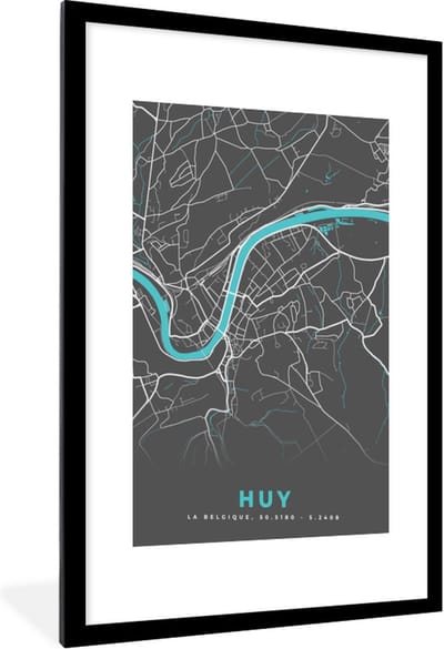 Fotolijst incl. Poster - Plattegrond – Huy – Blauw – Stadskaart - Kaart - België - 60x90 cm - Posterlijst
