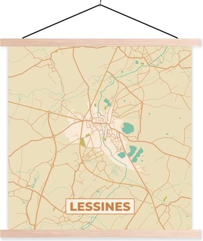 Posterhanger incl. Poster 40x40 cm - Schoolplaat - Vintage - Lessines - Stadskaart - Plattegrond - Kaart - Textielposter - Blanke latten - Stadskaart