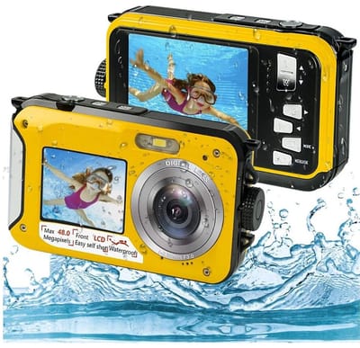 Zelfontspanner Onderwatercamera 16x Zoom Dual Screen -Waterdicht HD 2.7K 48MP Digitale Camera voor Snorkelen, Duiken en Video-opnames, Actiecamera- Geel