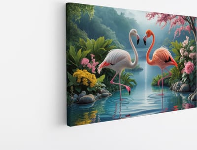 Saammp Canvas Schilderij - Flamingos in het water - Abstract - Dieren- 45x30 - Foto op canvas - Wanddecoratie - Muurdecoratie Kinderkamer - Slaapkamer decoratie - Canvas Print