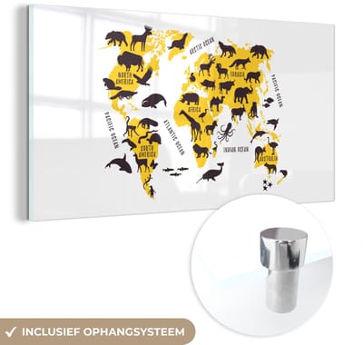 ® Glasschilderij 120x60 cm - Schilderij acrylglas - Wereldkaart - Geel - Dieren - Foto op glas - Muurdecoratie woonkamer - Wanddecoratie slaapkamer - Schilderijen