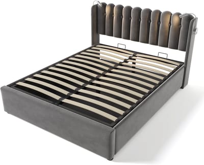 Gestoffeerd ledikant 140x200 met leeslamp, USB en opbergruimte, grijs fluweel