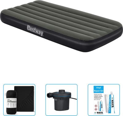 Bestway luchtbed - 1-Persoons - 99 x 188 x 28 cm - Blauw - Inclusief pomp - Hoeslaken - Pomp en Reparatieset