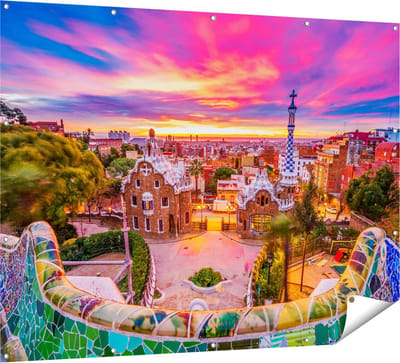Gards Tuinposter Park G�ell Uitzicht op Barcelona - 160x120 cm - Tuindoek - Tuindecoratie - Wanddecoratie buiten - Tuinschilderij