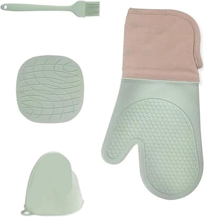 Ovenwanten en pannenlappen - Keukenhandschoenen set - Veilig koken - Gestructureerde antislip grip - 33.5 x 14 cm - Groen