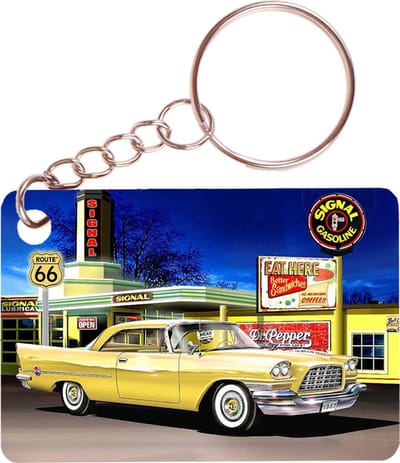 Sleutelhanger 6x4cm - Tekening Gele Amerikaanse Auto Route 66