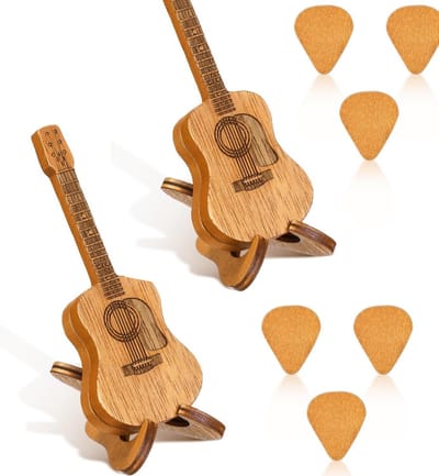 Houten Plectrum Houder met Set van 6 Mini Plectrums en Standaard