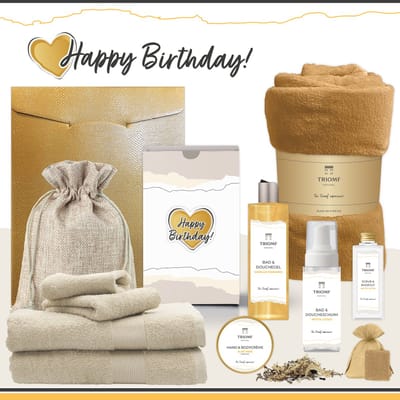 Geschenkset “Happy Birthday!” - 11 producten - 1660 gram | Triomf Original Geel - Giftset voor haar Cadeau Valentijnsdag Luxe wellness cadeaubox Vrouw Ik hou van jou Cadeaupakket Kerst Geschenk Moeder Verjaardag Gift Set Valentijn Vriendin Geel