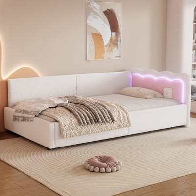 Slaapbank - 90x200cm - met LED-verlichting - lattenbodem - zonder matras - imitatiewol - wit