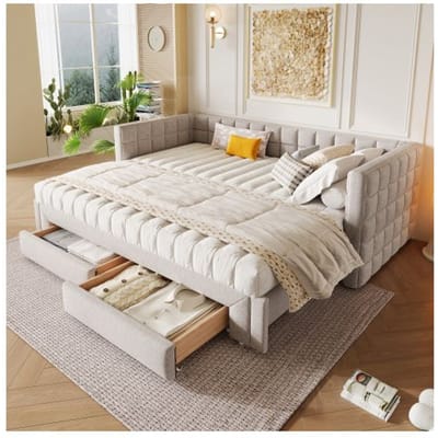 Lit Daylily, 90 x 200 cm, lit extensible (jusqu'à 180), 2 tiroirs, sans matelas, beige beige