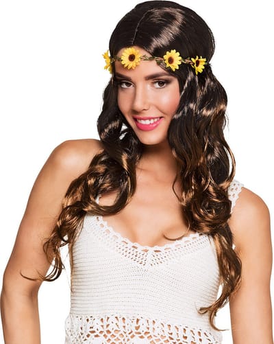 Boland - Pruik Joy zwart Bruin - Golvend - Lang - Vrouwen - Hippie - 60's & 70's - Hippie & Flower Power