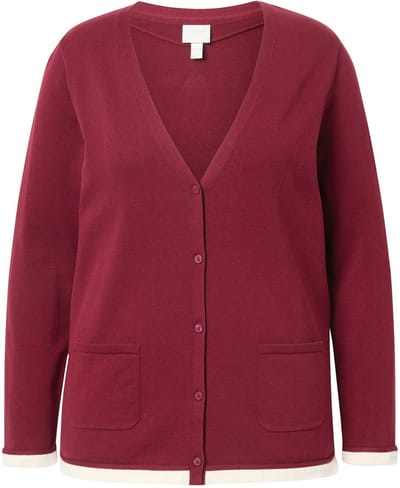 Ulla Popken - Dames - Gebreid vest V-hals lange mouwen biologisch katoen - Donker kersenrood - Maat 42+