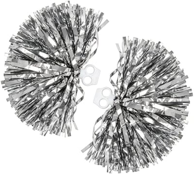 SnelShoppen - 2 Stuks Cheerleading Pom Poms Shiny Metal Foil Cheerleader Poms Handheld met Plastic Vinger Ring voor Sportteam Spirit Cheering (Zilver)