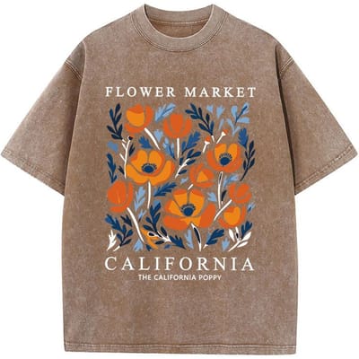 Marché aux Fleurs Impressions Californie T-shirts Lavés Femme Hauts en Coton Confortables Col Rond T-shirts Oversize Mode Vêtements Femme L brown