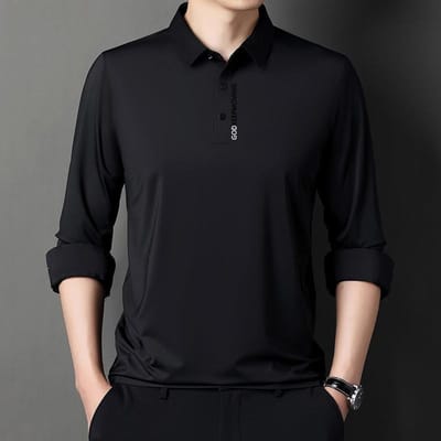 T-shirt à manches longues et revers pour homme, chemise en soie glacée imprimée, fin, printemps et automne, polo tendance XXXXL black