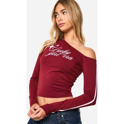 boohoo Dames Off-shoulder top met gestreepte mouwen en print | Bordeaux Rood | Maat: 42