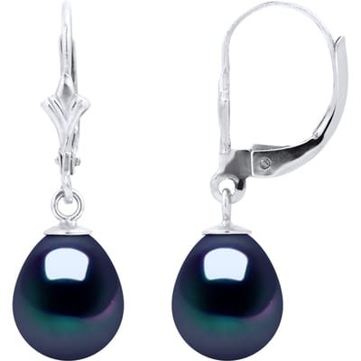 Oorbellen Dangle Kralen Freshwater 89mm Black Pears Wit Goud 18 Karaat