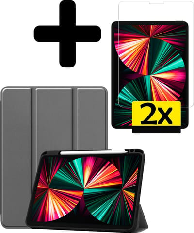Hoes - Geschikt voor Apple iPad Pro (2021) - 12.9 inch - Met Screenprotector - Trifold Bookcase - Hard Cover Case - Met Uitsparing Geschikt voor Apple Pencil - Hardcover Book - Tablet Hoesje - Grijs