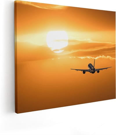Artaza Canvas Schilderij Zonsondergang - 50x40 cm - Wanddecoratie Vliegtuig - Muurdecoratie Zon - Kamer Accessoires