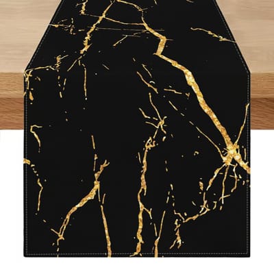 Tafelloper - Afwasbaar Linnenlook Modern - Voor Eetkamer, Commode, Slaapkamer - Zwart Goud met Abstracte Gouden Textuur 180x40 cm