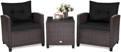 KOMFOTTEU 3-delige Balkonmeubels, rotan tuinzitgroep met salontafel en 2 stoelen, balkontafel met glasplaat, tuinloungeset met kussens, tuinmeubelset voor terras balkon
