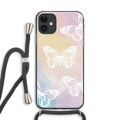 Case Company® - Hoesje met koord geschikt voor iPhone 11 hoesje met Koord - White butterfly - Telefoonhoesje met Zwart Koord - Bescherming aan alle Kanten en Over de Schermrand