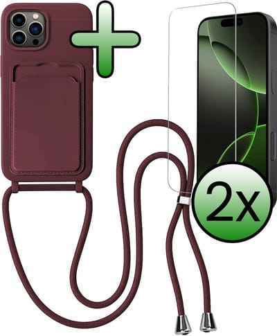 Hoes Geschikt voor iPhone 16 Pro Hoesje Pas Houder Case Hoes Met Koord Met 2x Screenprotector - Hoesje Geschikt voor iPhone 16 Pro Hoes Met Telefoonkoord Pasjeshouder Cover - Aubergine