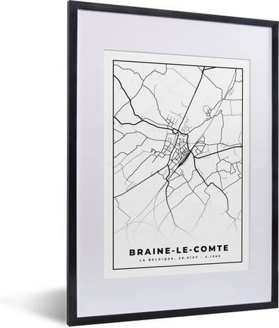 Fotolijst incl. Poster Zwart Wit- Stadskaart – Plattegrond – België – Zwart Wit – Braine le Comte – Kaart - 30x40 cm - Posterlijst