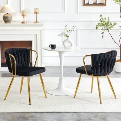 MODFU - Eetkamerstoel - Gevlochten Rugleuning - Ergonomisch - Modern - Voor Eetkamer Of Woonkamer - Metaal En Fluweel - Zwart En Goud