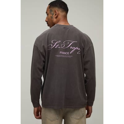 Oversized Gewassen Chocoladebruin St Tropez Print Longsleeve T-shirt | Washed Chocolate | Size Large