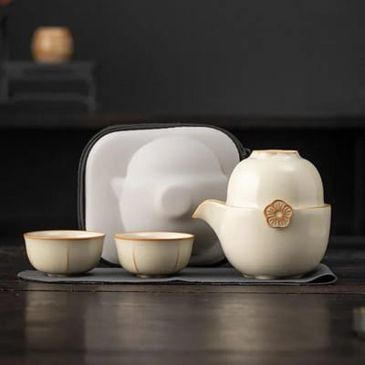 Service à thé portable en céramique Kung Fu avec filtre, théière chinoise, trois tasses, pour voyage en plein air, camping white