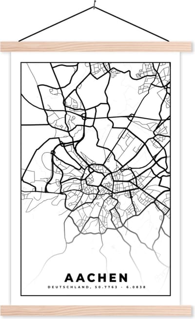 Posterhanger incl. Poster 40x60 cm - Schoolplaat - Aachen - Plattegrond - Stadskaart - Kaart - Textielposter - Blanke latten - Stadskaart