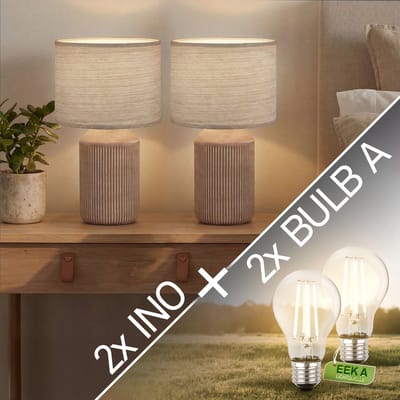 BRILONER Ino- Set van 2 Tafellampen incl. led lampen - met stoffen kap & keramik voet - bedlamp slaapkamer - h: 37.5 cm - bruin
