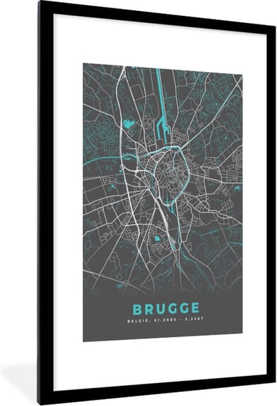 Fotolijst incl. Poster - Stadskaart – Grijs - Kaart – Brugge – België – Plattegrond - 80x120 cm - Posterlijst