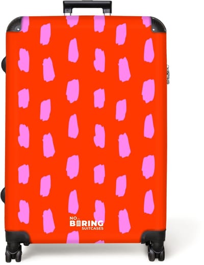 NoBoringSuitcases.com® - Koffer groot - Reiskoffer lichtgewicht - Vlekkenpatroon in roze op felrode achtergrond - Rolkoffer met 4 wielen - Grote trolley XL - 98 liter bagage