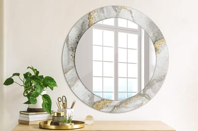 Wallfluent Bedrukte Ronde Spiegel - Ronde Spiegel Met Bedrukte Lijst Marmerpatroon - 60 cm / 46 cm - Gouden - Gouden Ronde Spiegel Met Decoratie - Badkamerspiegel - Gangspiegel - Eetkamer - Hal - Spiegelmontageset