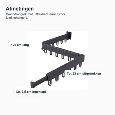 Wanddroogrek - zwart - inklapbaar - 18 haken - 126 cm