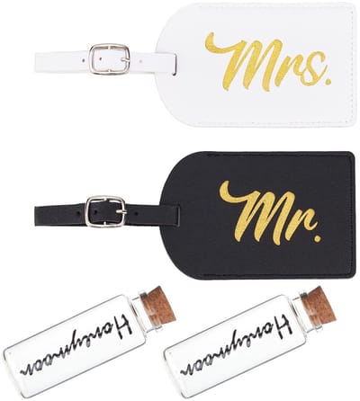 Dailygoods- Bagagelabels voor koffers - 2 stuks Mr/Mrs - PU-leer - Glazen flessen - Herinnering aan maan - Afmetingen 7x11 cm - Reisetiket