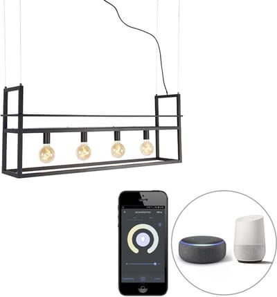 QAZQA cage rack - Industriele LED Smart Hanglamp eettafel incl. wifi voor boven de eettafel | in eetkamer - 4 lichts - L 118 cm - Zwart - Industrieel - Woonkamer | Slaapkamer | Keuken